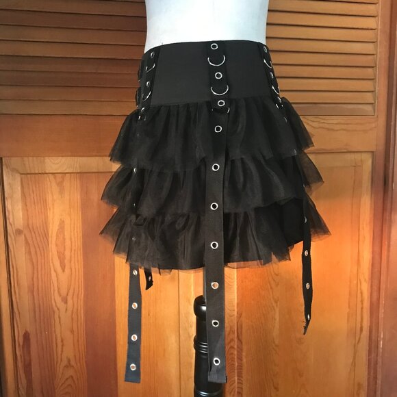 Goth Punk Visual Kei Black Buckle & Strap Ruffle Mini Skirt S - Picture 8 of 11
